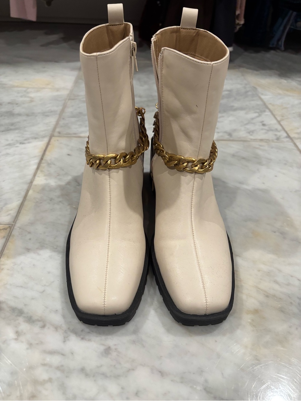 ShuShop Cream Ankle Boots with Gold Chain Trim